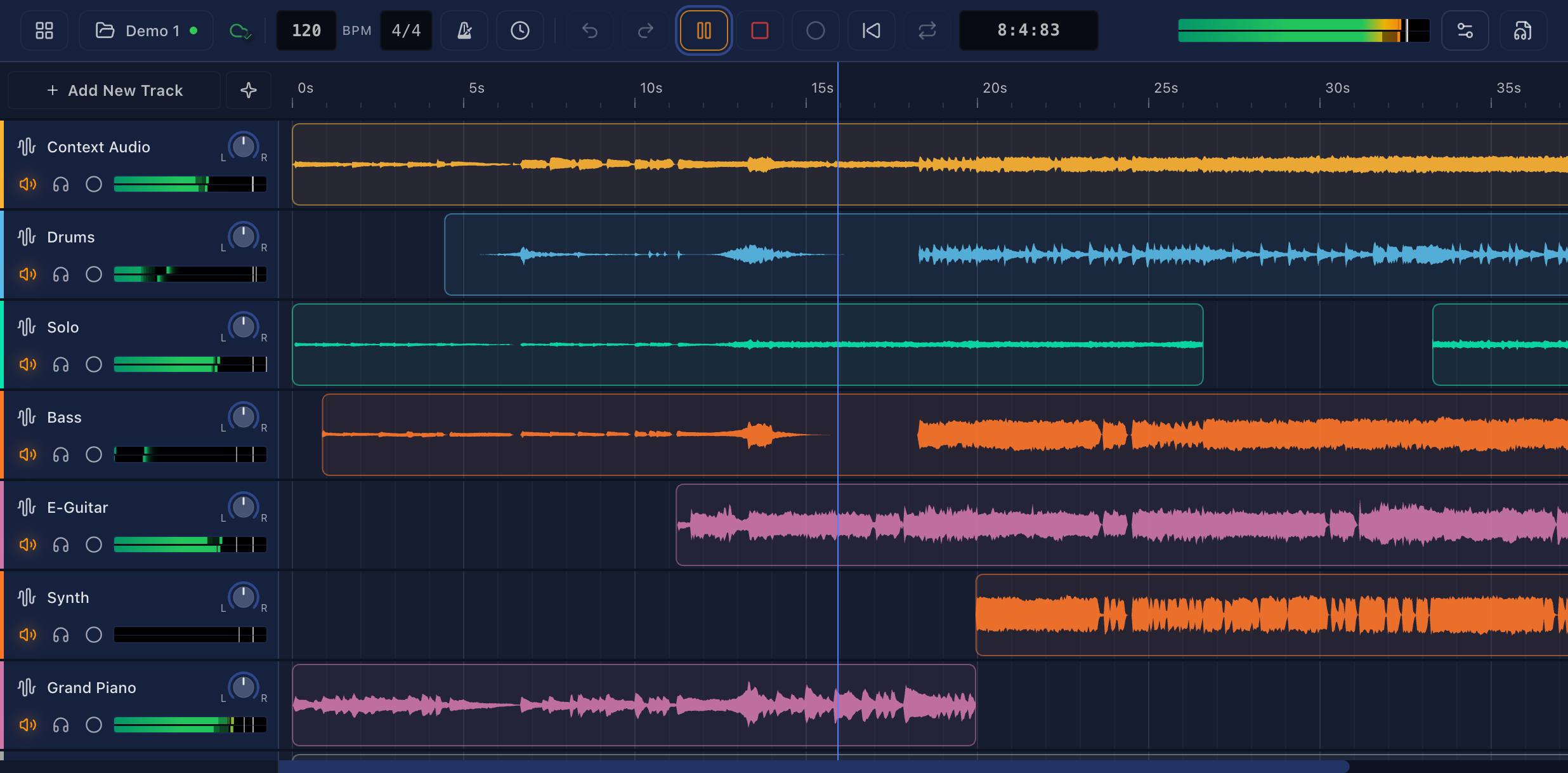 neu.daw multi-track timeline with audio waveforms, MIDI tracks, and stem separation