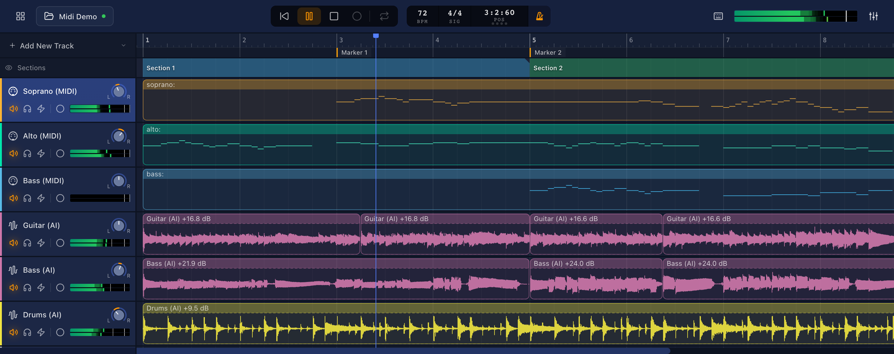 The neu.daw timeline: three MIDI tracks and three audio tracks with waveforms, arranged across two marked sections